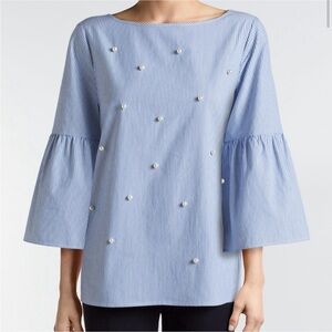 Valerie Stevens Blue Seersucker Striped Bell Sleeve Shirt with Pearls - Small